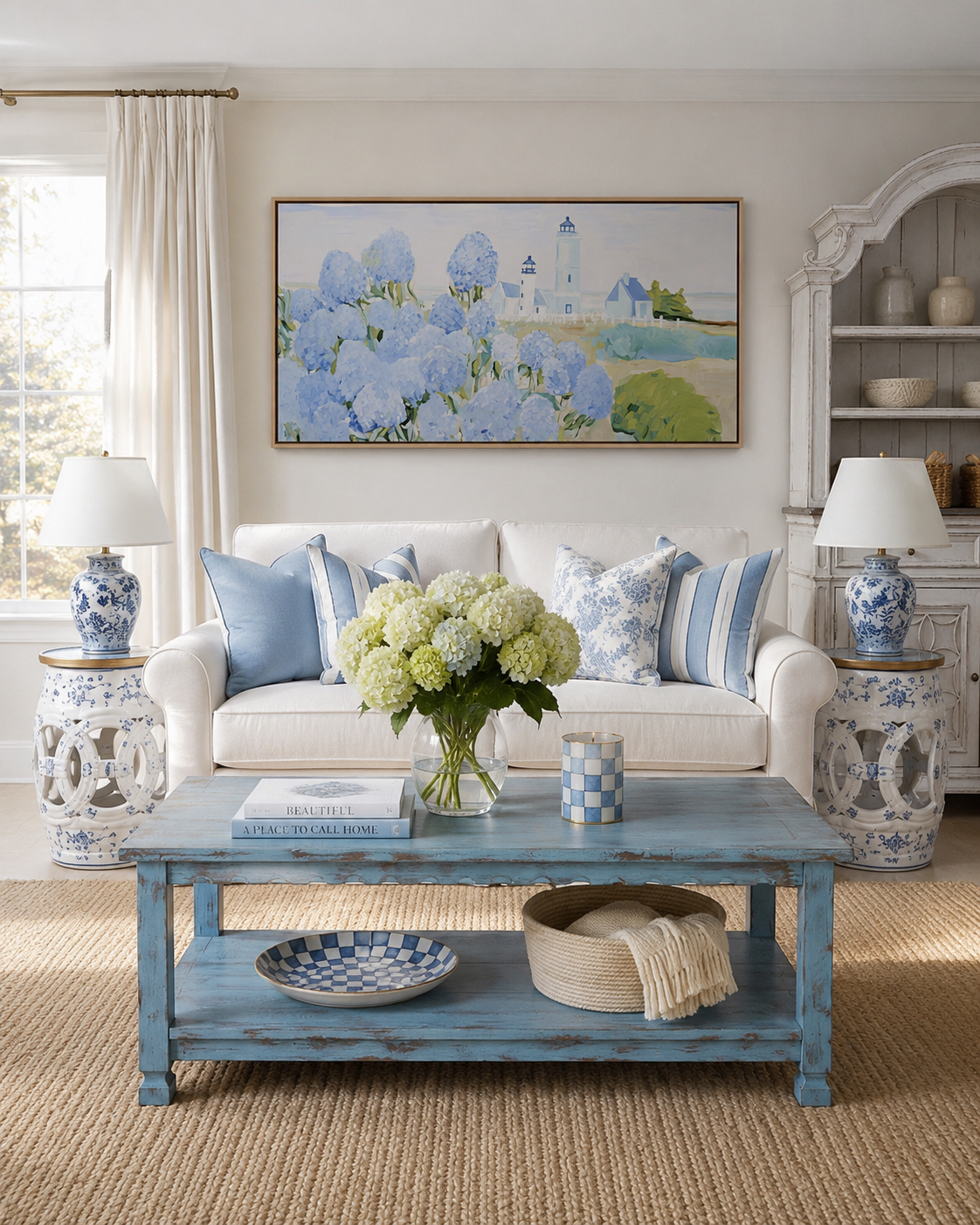 Coastal living room with ivory linen slipcovered sofa layered with blue hydrangea and ticking stripe pillows, blue and white chinoiserie ginger jar lamps on pierced garden stools, a large blue distressed reclaimed wood coffee table with hydrangea arrangement, and a Cape Cod lighthouse and hydrangea canvas above.