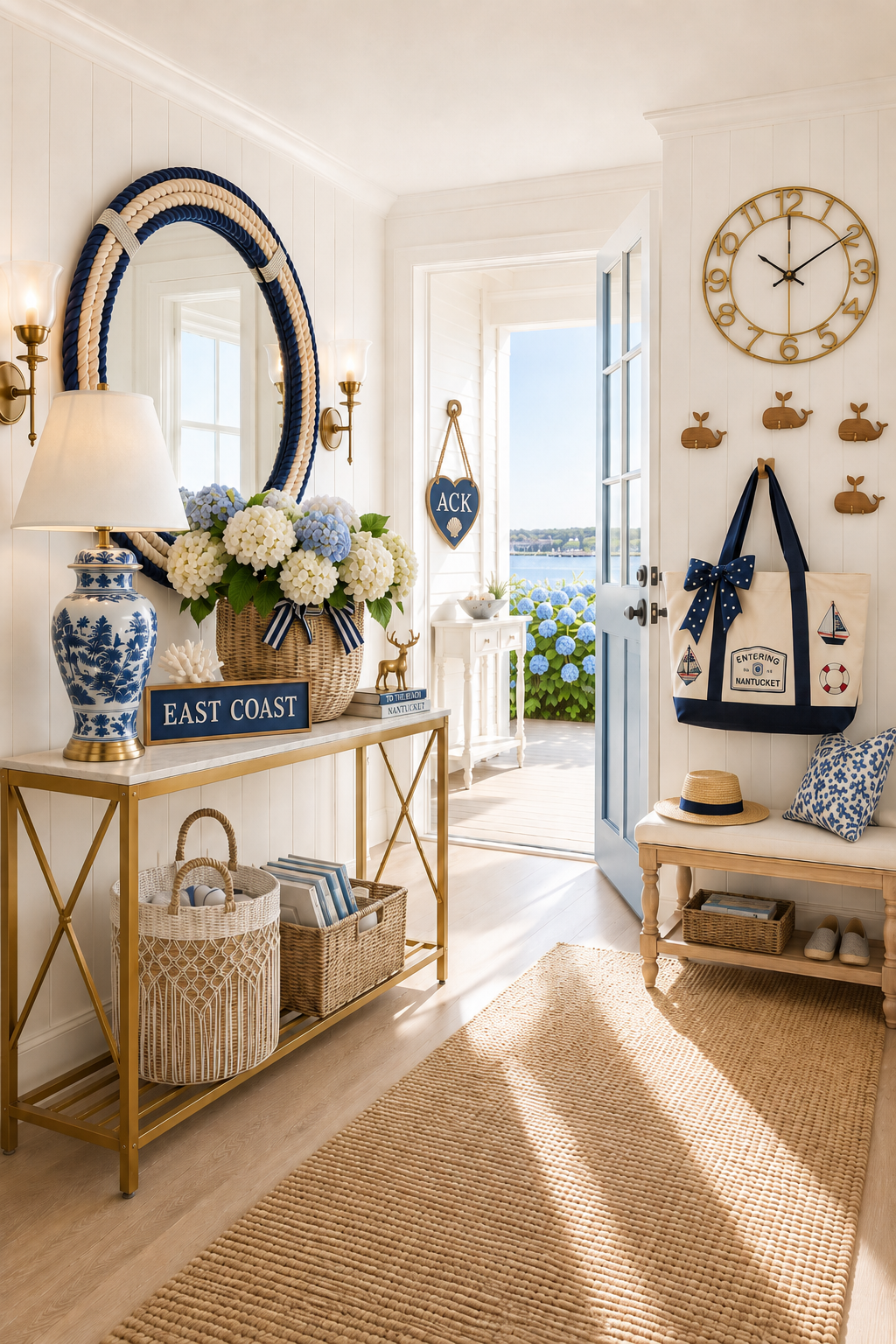 Bright coastal Nantucket entryway with a gold marble-top X-frame console table under a navy and ivory twisted rope round wall mirror, blue and white chinoiserie porcelain table lamp with ivory bell shade, faux white hydrangea arrangement in a rope basket, handcrafted East Coast nautical wood sign, ACK scallop heart wall hanging, upholstered storage bench with rustic oak base and basket shelf, row of wooden whale wall hooks holding a navy stars and stripes mini boat tote and straw hat, oversized Sorbus gold metal wall clock, and a Safavieh natural fiber sisal rug in marble beige — with an open door onto a blue hydrangea harbor path.