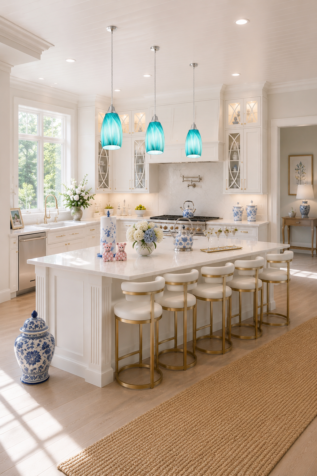 Bright coastal white kitchen with three hand-blown sea-glass teal pendant lights over a white marble waterfall island, cream velvet counter stools on gold metal bases, a cascading crystal chandelier, a Laura Ashley China Rose whistling kettle on the range, hand-blown crystal martini glasses on a gold tray, a hydrangea-topped wooden paper-towel stand, MacKenzie-Childs Rosy Check teddy-bear salt and pepper shakers, a tall white-and-gold ginger jar vase, and a blue-and-white chinoiserie ginger jar on the floor.