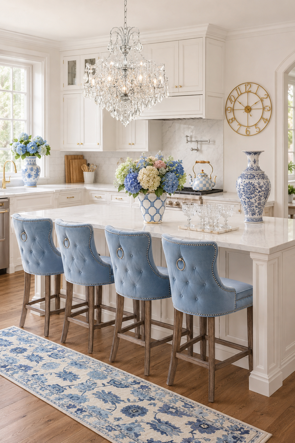 Elegant blue and white kitchen with cascading crystal chandelier over a marble waterfall island, four blue tufted velvet counter stools with nailhead trim and ring-pull backs, MacKenzie-Childs Sterling Check tea kettle on the range, an oversized Sorbus gold wall clock, hand-painted blue-and-white chinoiserie vase set with a large ginger jar and a hydrangea-filled centerpiece, vintage Imperial Cape Cod glass goblets on a tray, and a blue floral Persian-style washable kitchen runner on wide-plank oak floors.