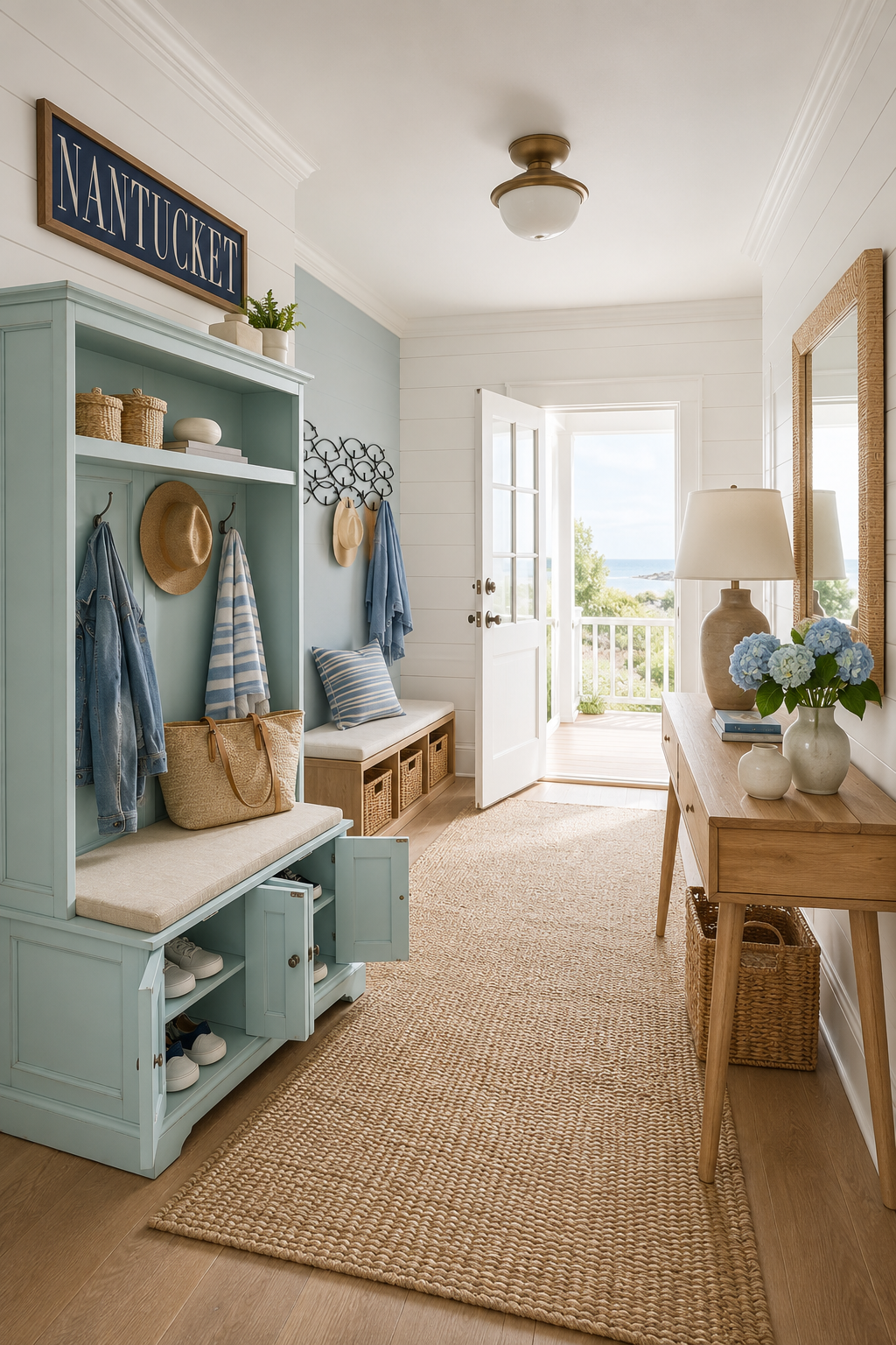 Nantucket coastal entryway mudroom with distressed seafoam-blue Crosley Holbrook hall tree with shoe storage, extra-large iron fish coat rack on white shiplap, framed NANTUCKET navy canvas sign, natural sisal marble beige runner rug, straw sun hat and chambray jacket on hooks, and an open Dutch door with an ocean view.