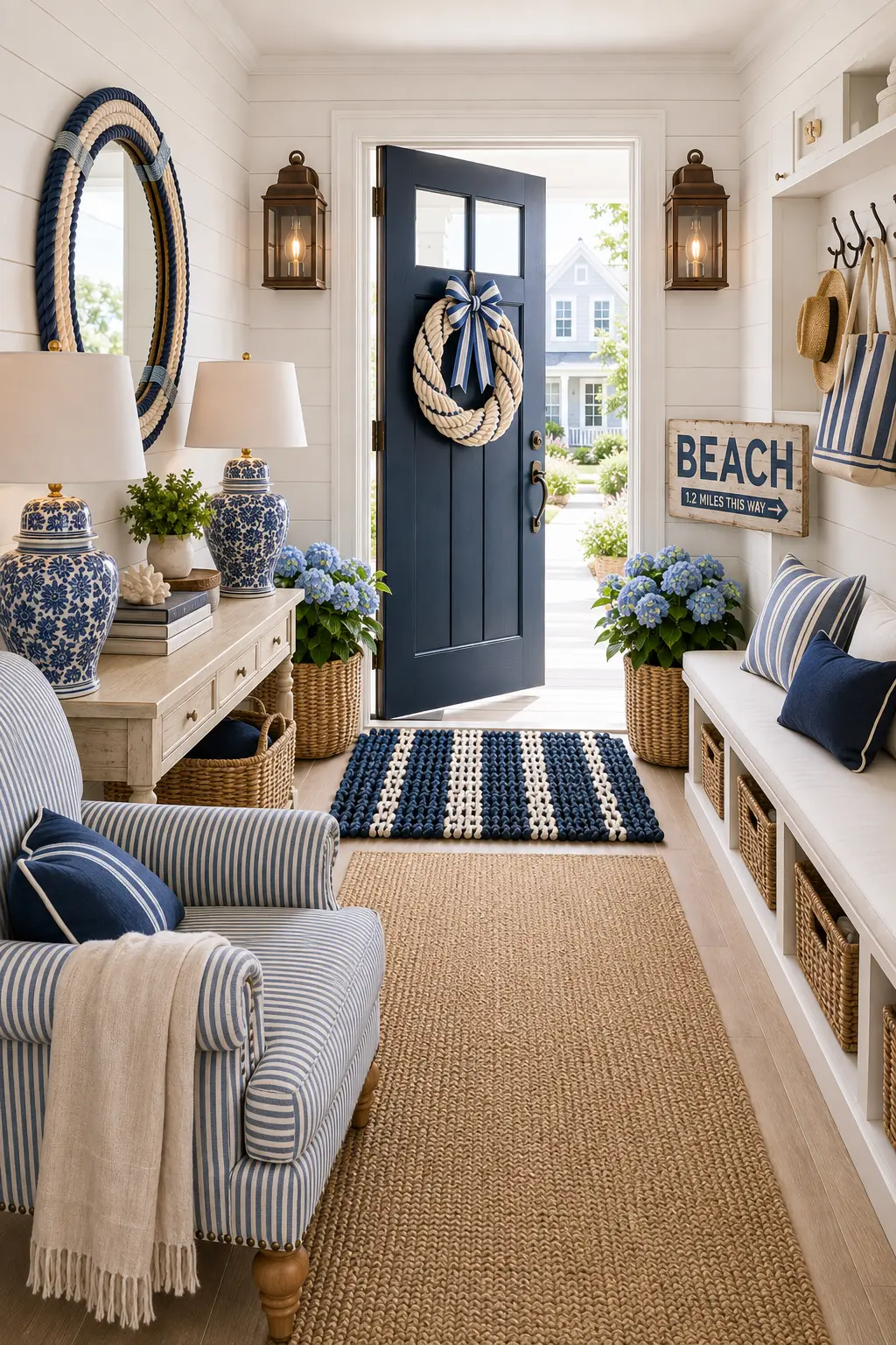 Blue and white Nantucket coastal entry with shiplap walls, navy front door with a nautical anchor-bow rope wreath, cream console with two blue and white bird toile lamps, navy-trimmed rope mirror, copper lanterns, BEACH sign, striped rope doormat and white bobbin chair with a sailboat throw.