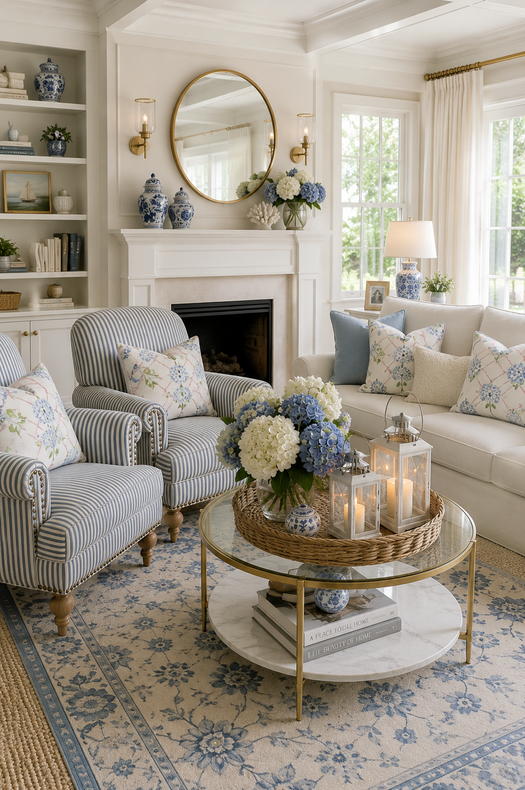 Classic blue and white living room with striped ticking armchairs, ivory sofa layered in hydrangea pillows, round brass mirror above the mantel with ginger jars, glass and brass coffee table with lanterns and hydrangeas.