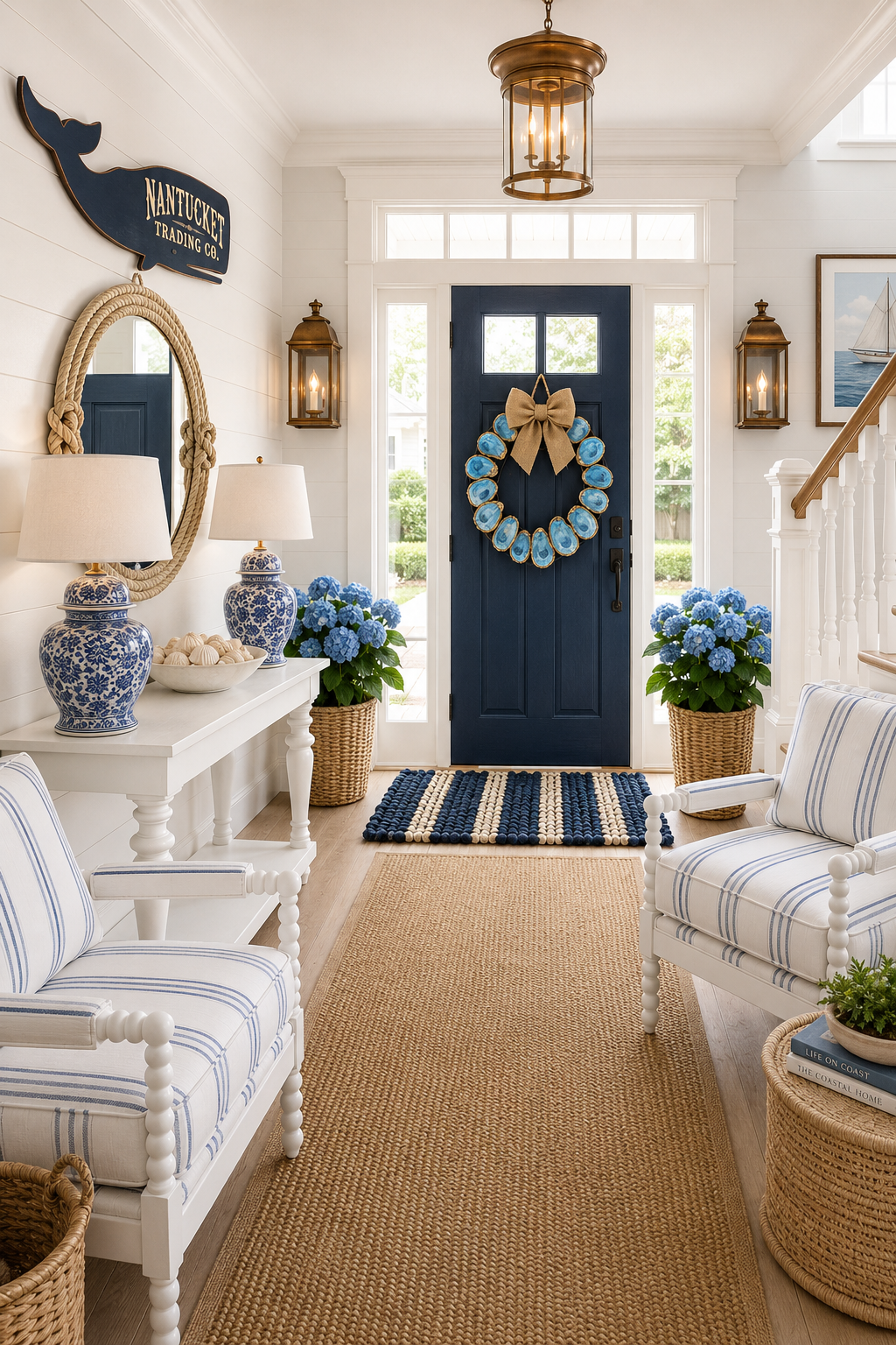 Blue and white Nantucket coastal entry with shiplap walls, navy front door, blue oyster shell wreath with burlap bow, white carved pedestal console table, blue and white ginger jar lamps, handwoven jute rope round mirror, navy wooden whale sign, brass lanterns, hydrangeas in baskets and white and navy stripe bobbin accent chairs.