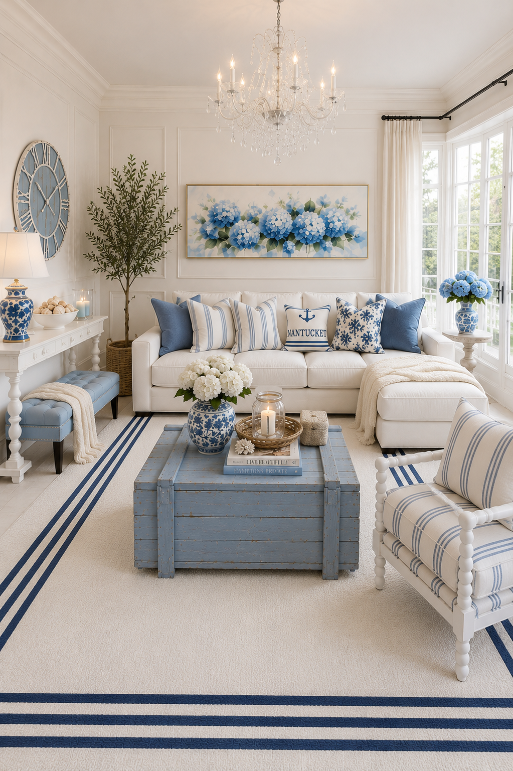 Blue and white coastal living room with a cream boucle sectional, pastel blue vintage military chest coffee table, navy and white striped bobbin accent chair, ivory rug with navy triple border, crystal chandelier, blue farmhouse wall clock, and a panoramic blue hydrangea canvas.