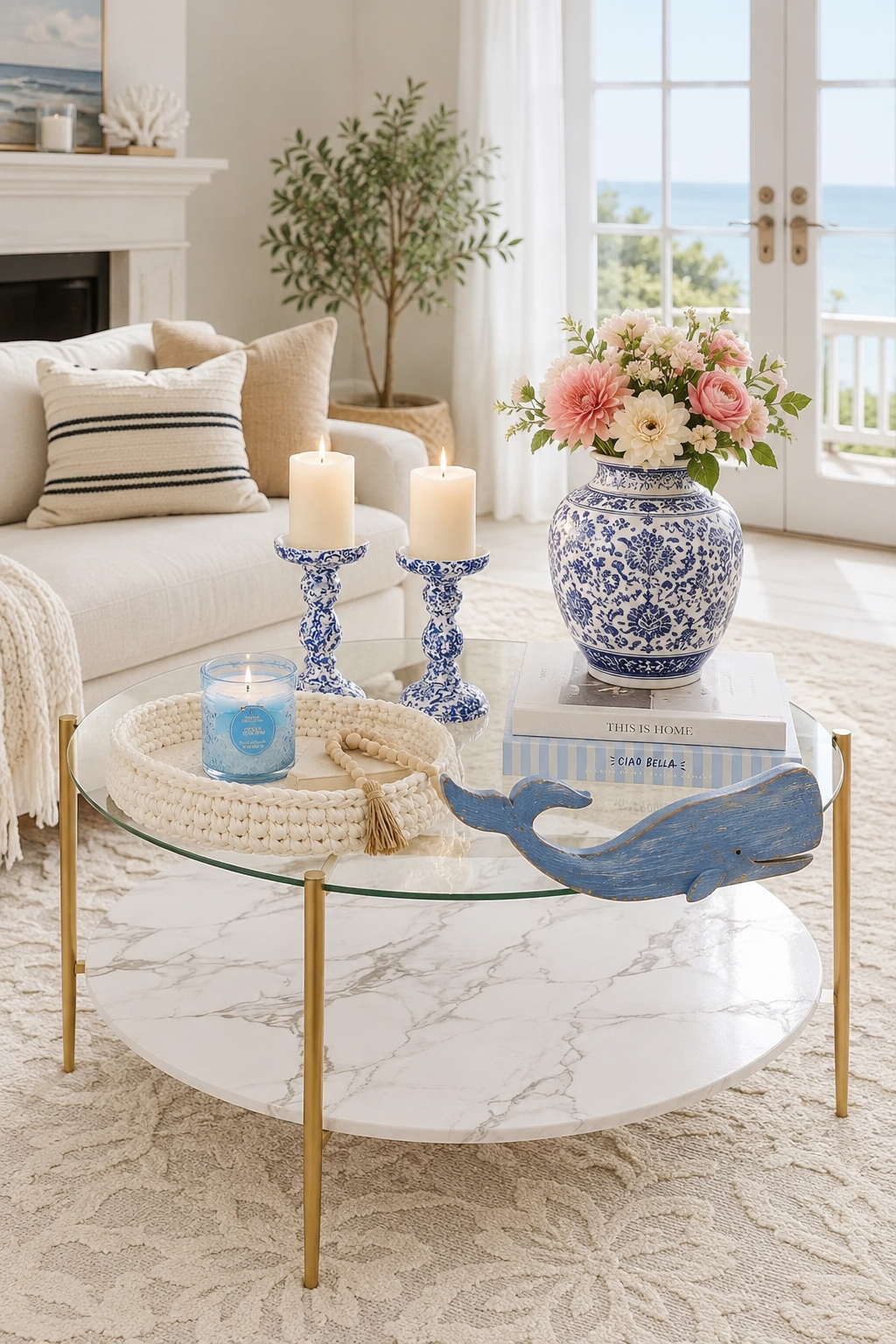 Bright coastal living room styled around a round glass and brass coffee table with white marble lower shelf — layered with blue and white chinoiserie pillar candlesticks, a cream chunky crochet tray with a blue sea salt candle, a blue chinoiserie ginger jar with pink and cream flowers stacked on Coastal and Ciao Bella books, and a hand-carved blue Moby whale on an ivory Safavieh Bella damask rug.