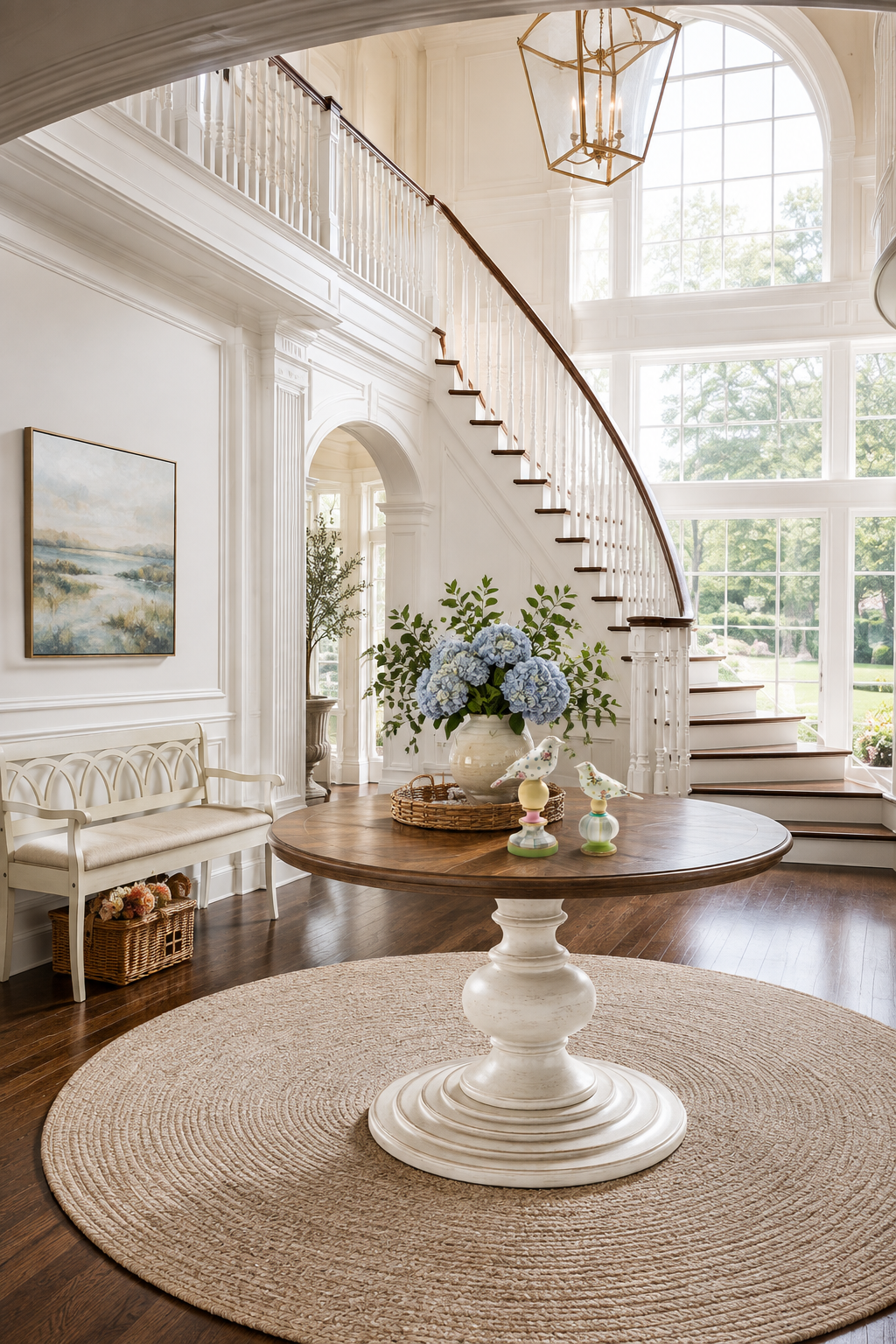 Grand two-story white coastal foyer with a curved staircase, gilded lantern pendant, round pedestal entry table with blue hydrangeas in a white ginger jar, MacKenzie-Childs bird topiaries on a rattan tray, scalloped antique-white bench, wicker basket of flowers and a round jute rug.
