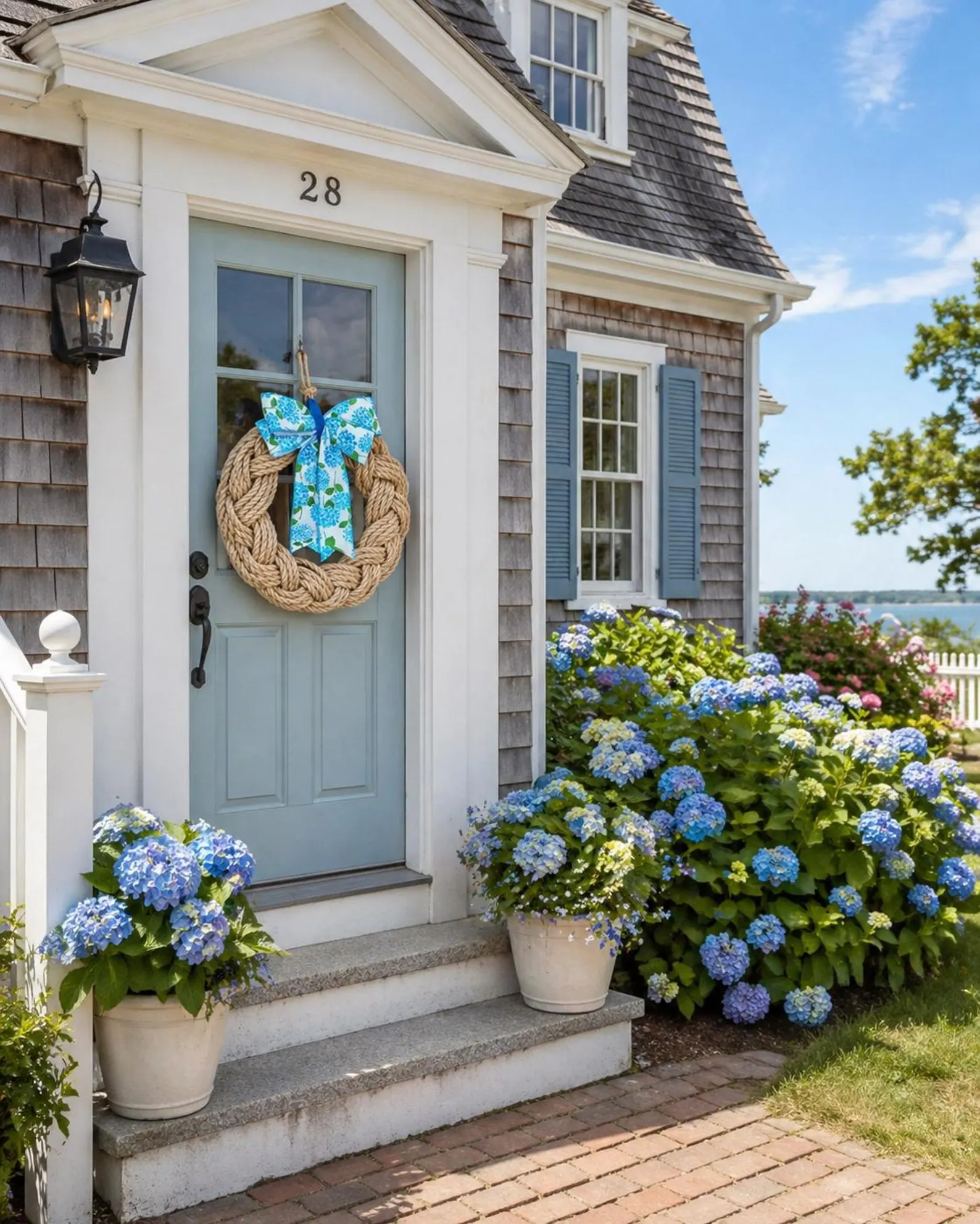 18" Nautical Jute Rope Wreath with Coastal Blue Hydrangea Bow