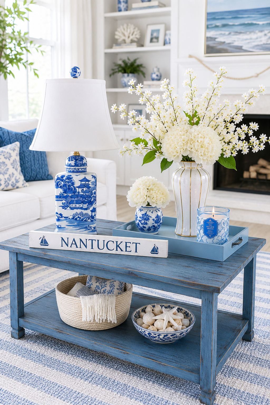 Bright blue and white coastal living room styled around the Alaterre blue distressed reclaimed wood coffee table — with a blue and white chinoiserie porcelain table lamp with ivory bell shade, a hand-carved NANTUCKET sailboat sign, a blue reclaimed wood tray holding a white and gold trim ginger jar vase of white hydrangeas and blossoms, a small blue and white ginger jar of white flowers, an Ocean Sea Salt candle in a blue cut-glass jar with bow, and a hand-woven blue and white geometric cotton rug.