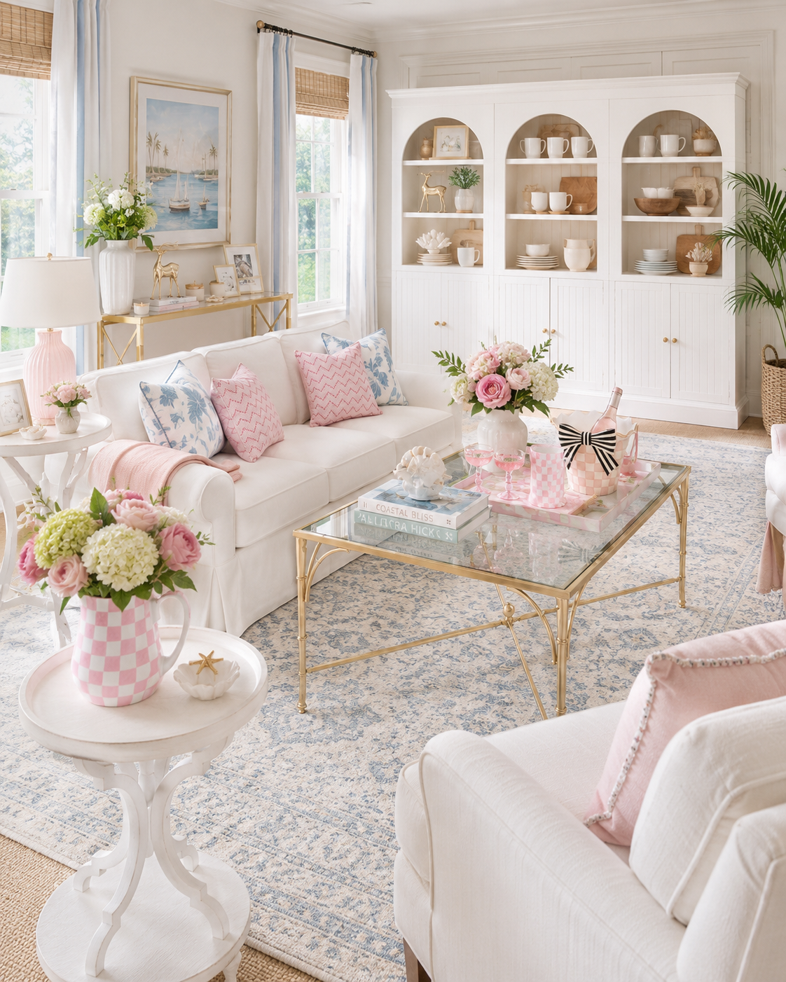 Pink and white coastal living room with the SAFAVIEH Antoine gold and glass rectangular coffee table styled with a MacKenzie-Childs Rosy Check pitcher of pink roses and hydrangeas, pink checkered ice bucket of rosé, cream slipcovered sofa piled with pink and blue pillows, and an arched pantry hutch of ironstone.