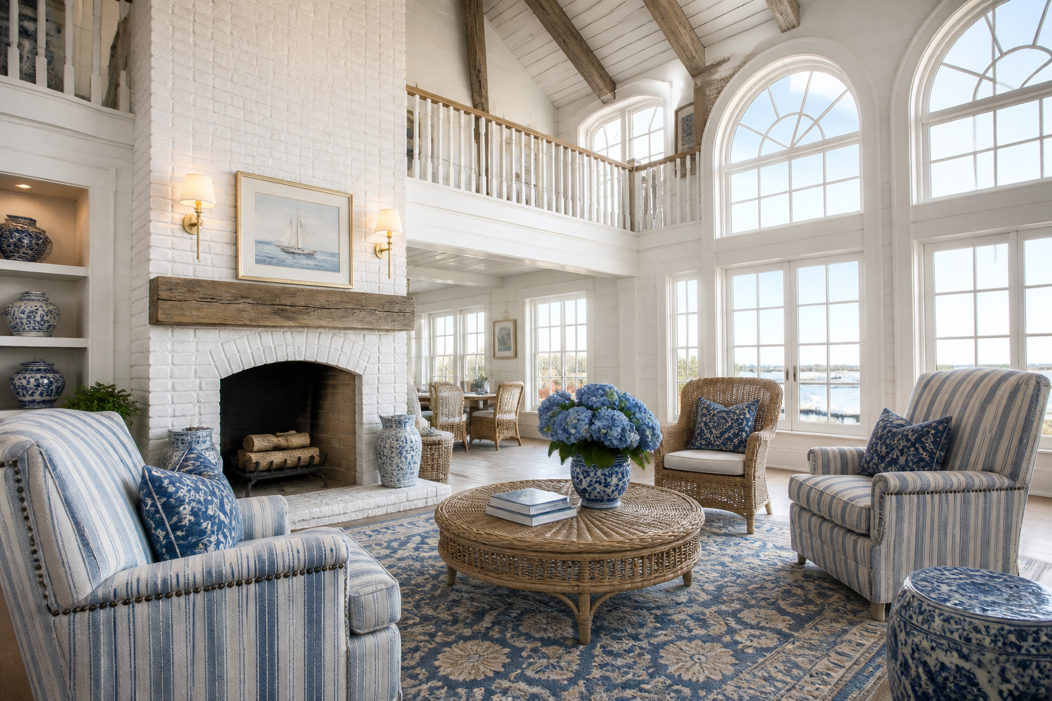 Two-story Nantucket great room with a shiplap cathedral ceiling, exposed oak beams, balcony walkway, white brick fireplace, blue and white ticking stripe armchairs, wicker armchair, round rattan coffee table, blue Oushak rug and blue hydrangeas.