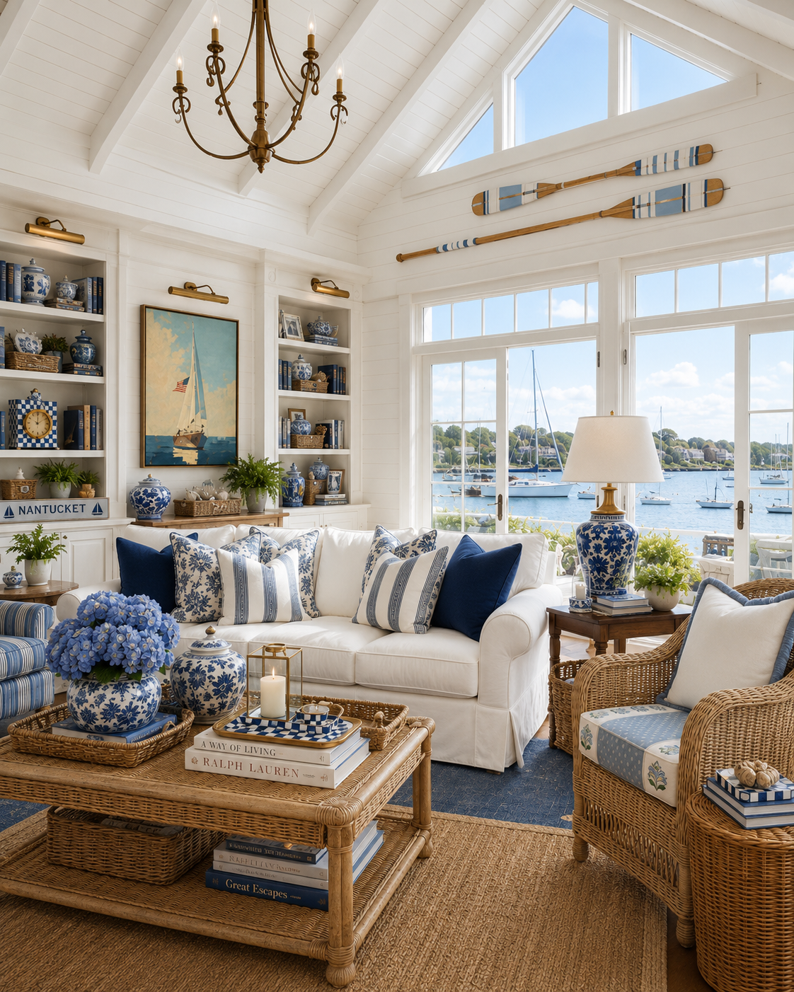 Nantucket blue and white living room with an ivory slipcovered sectional, wicker armchairs with blue block print cushions, ginger jar lamps, sisal rug, sailboat oil painting, hand-carved NANTUCKET sign, and harbor views through French doors.