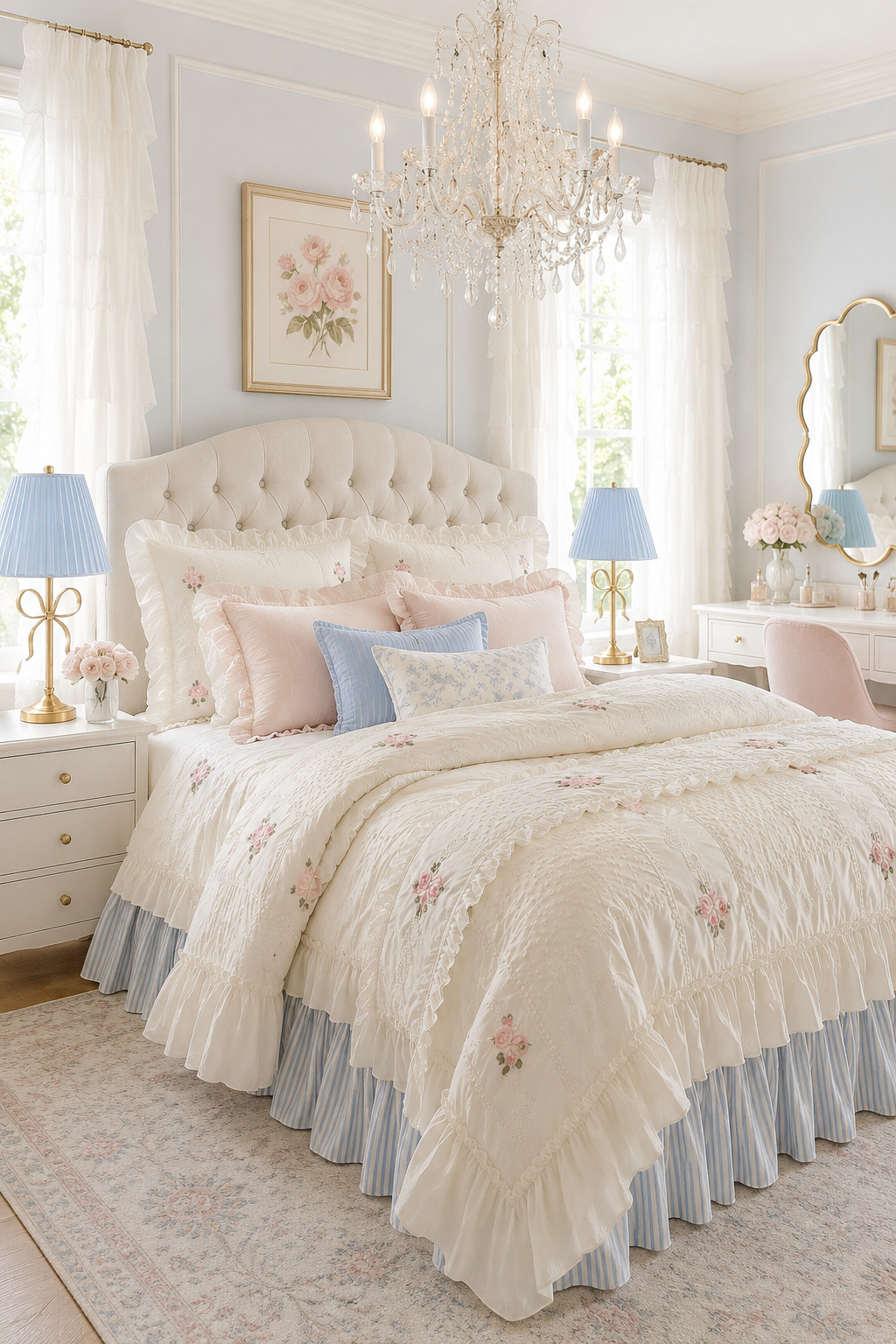 Pastel blue and pink coquette bedroom with a cream diamond-tufted headboard, lace-trim ruffled white duvet, blush and blue pillows, blue and white ticking stripe bed skirt, gold bow lamps with blue pleated shades, antique white crystal chandelier, ruffled white curtains, gold scalloped mirror, and a white shag area rug.