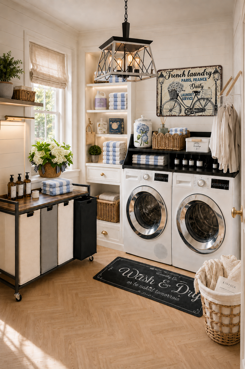 Bright white shiplap laundry room with a black folding countertop over the washer and dryer, a French Laundry Paris bicycle metal sign, an oak and bronze lantern chandelier, blue cabana stripe towels stacked on open shelves, a rolling four-bag laundry sorter cart, a retractable wall-mounted drying rack, wicker baskets, a hydrangea jar and a Wash & Dry chalkboard runner mat.