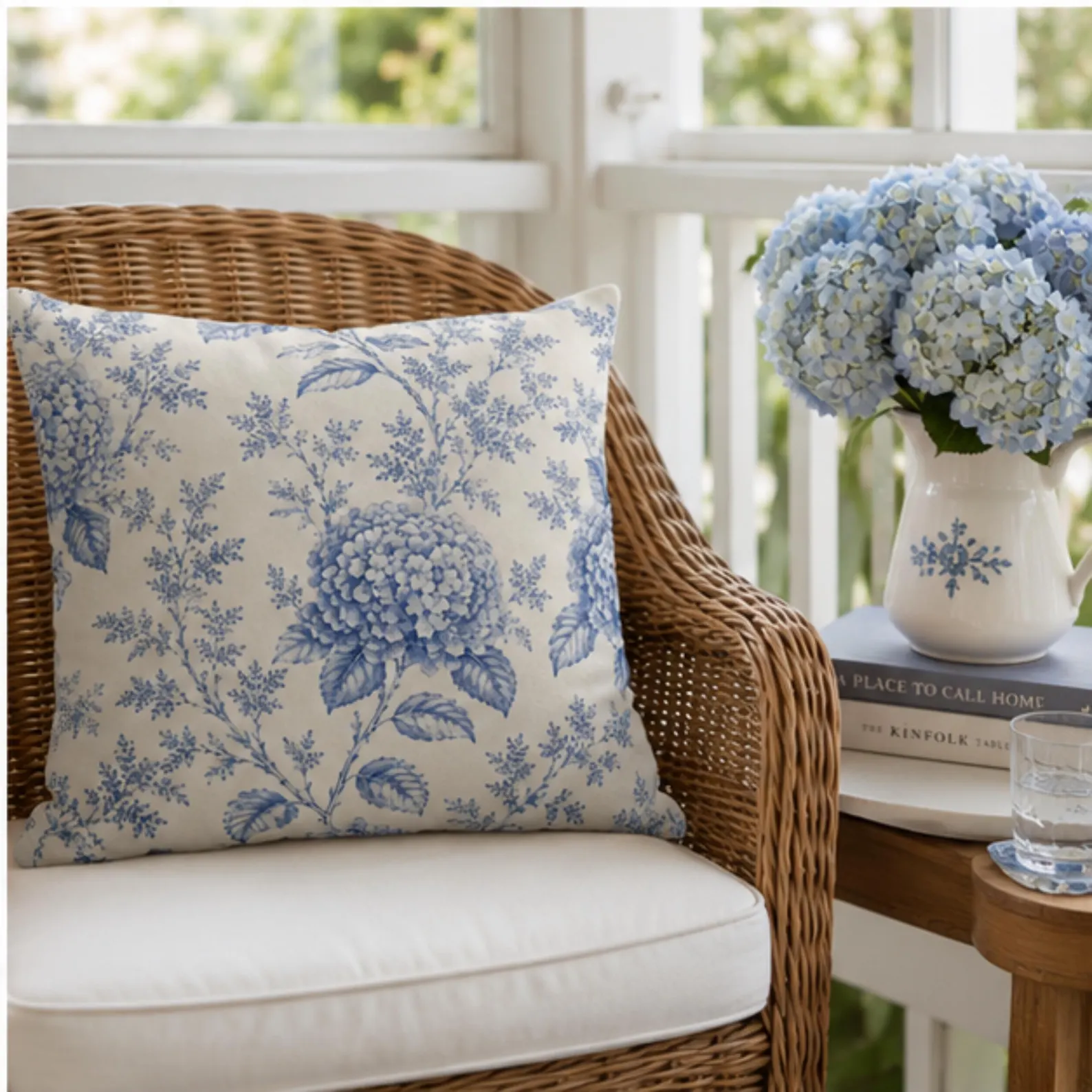 Blue Hydrangea Toile Pillow Cover — Hamptons Quiet Luxury Accent