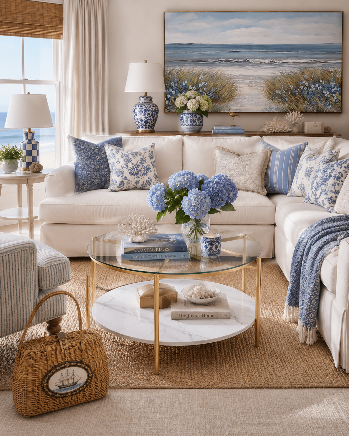 Blue and white coastal living room with a two-tier round glass and brass coffee table with white marble lower shelf, styled with blue hydrangeas, coral, and coastal books — beneath a large framed dune-and-sea painting.