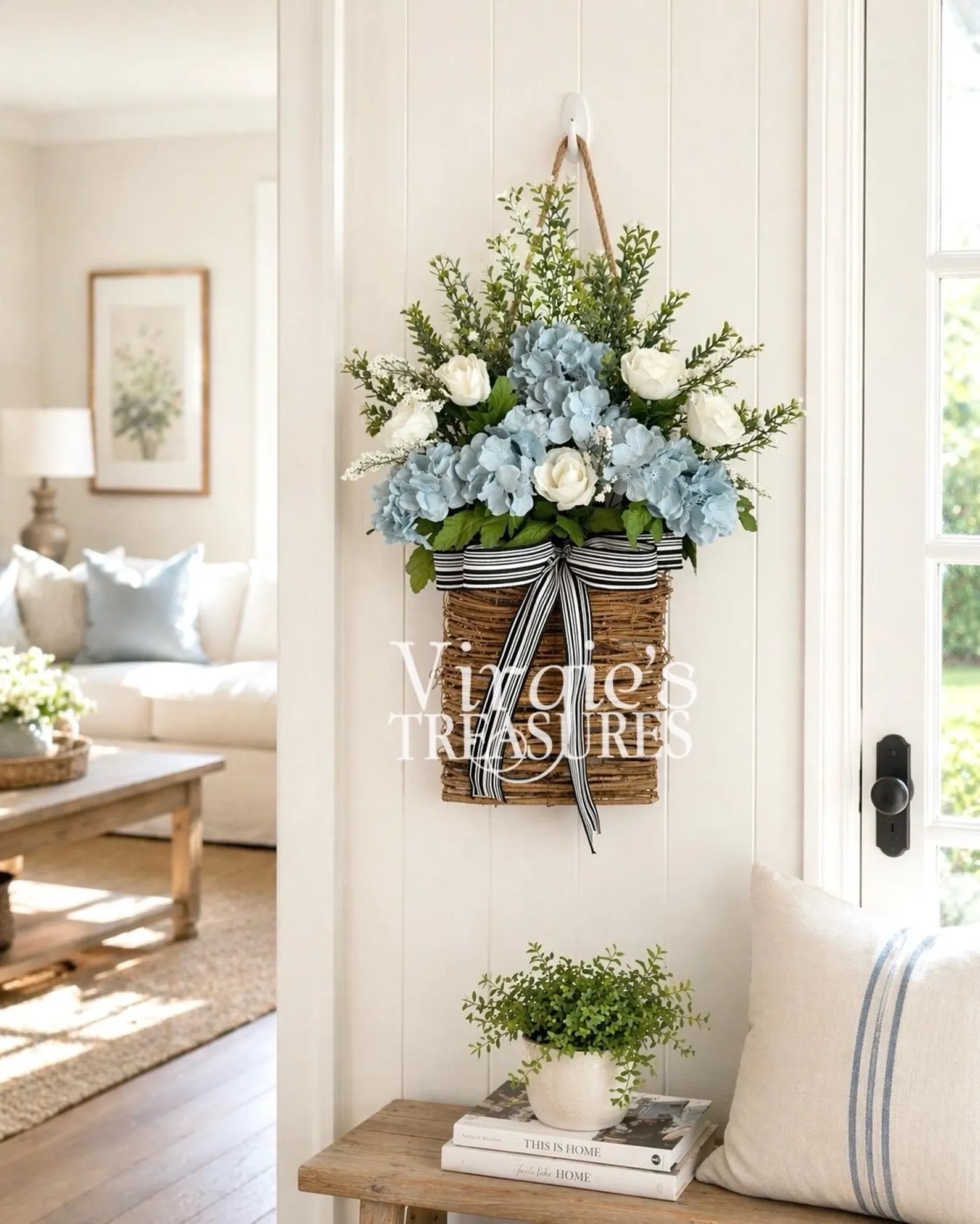 Blue Hydrangea Door Basket — Spring Front Door Floral Wreath Alternative