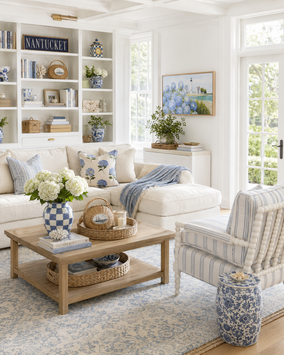 Nantucket coastal living room with a cream bouclé Cloud sectional, hydrangea embroidered pillows, blue vintage distressed floral rug, white Halifax double hutch bookcases styled with a navy NANTUCKET canvas sign, blue and white ginger jars, and a lightship basket, a white bobbin accent chair in navy ticking, a blue and white chinoiserie drum stool, a MacKenzie-Childs Royal Check mantel clock, a Sterling Check tall vase with white hydrangeas, and an over-sofa blue Cape Cod lighthouse and hydrangea canvas.