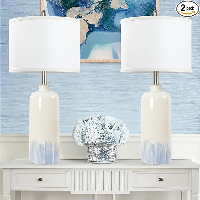 26" Coastal Ceramic Table Lamps with White Drum Shades (Set of 2, Blue Accent)