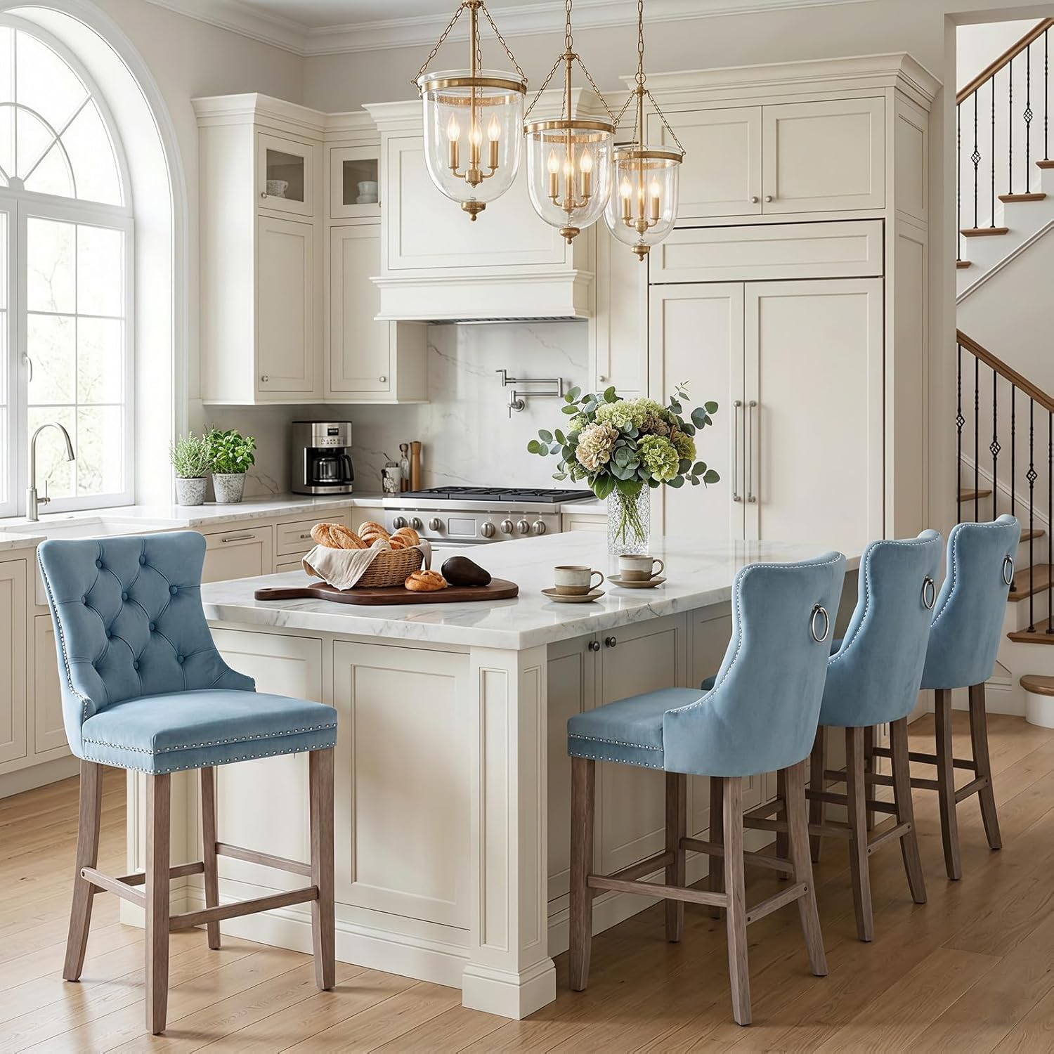 SoarFlash Sky Blue Velvet Button-Tufted Counter Stools with Nailhead Trim (Set of 4)