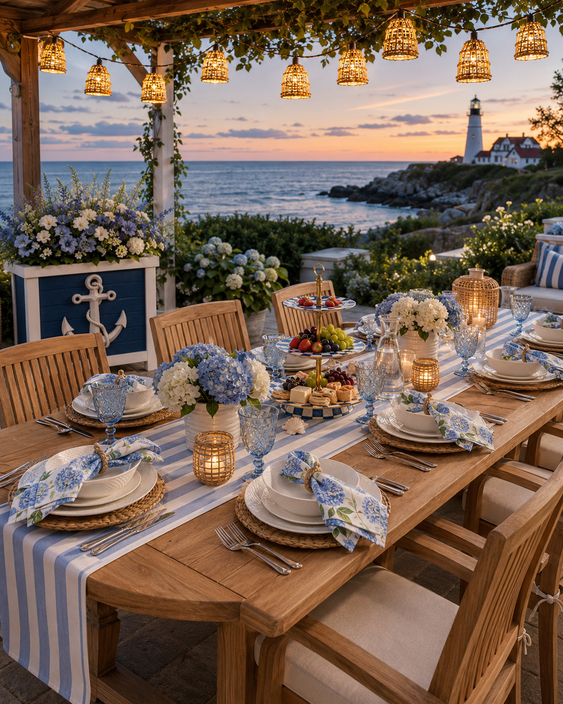 Sunset outdoor dining tablescape on a pergola porch over the ocean — teak oval extension table set with blue and white wide-stripe runner, Pfaltzgraff Nantucket basketweave plates, embossed blue wine goblets, hydrangea cloth napkins in rope rings, round corn husk placemats, a MacKenzie-Childs Royal Check two-tier cake stand of fruit, and a navy anchor planter box of hydrangeas with a lighthouse in the distance.