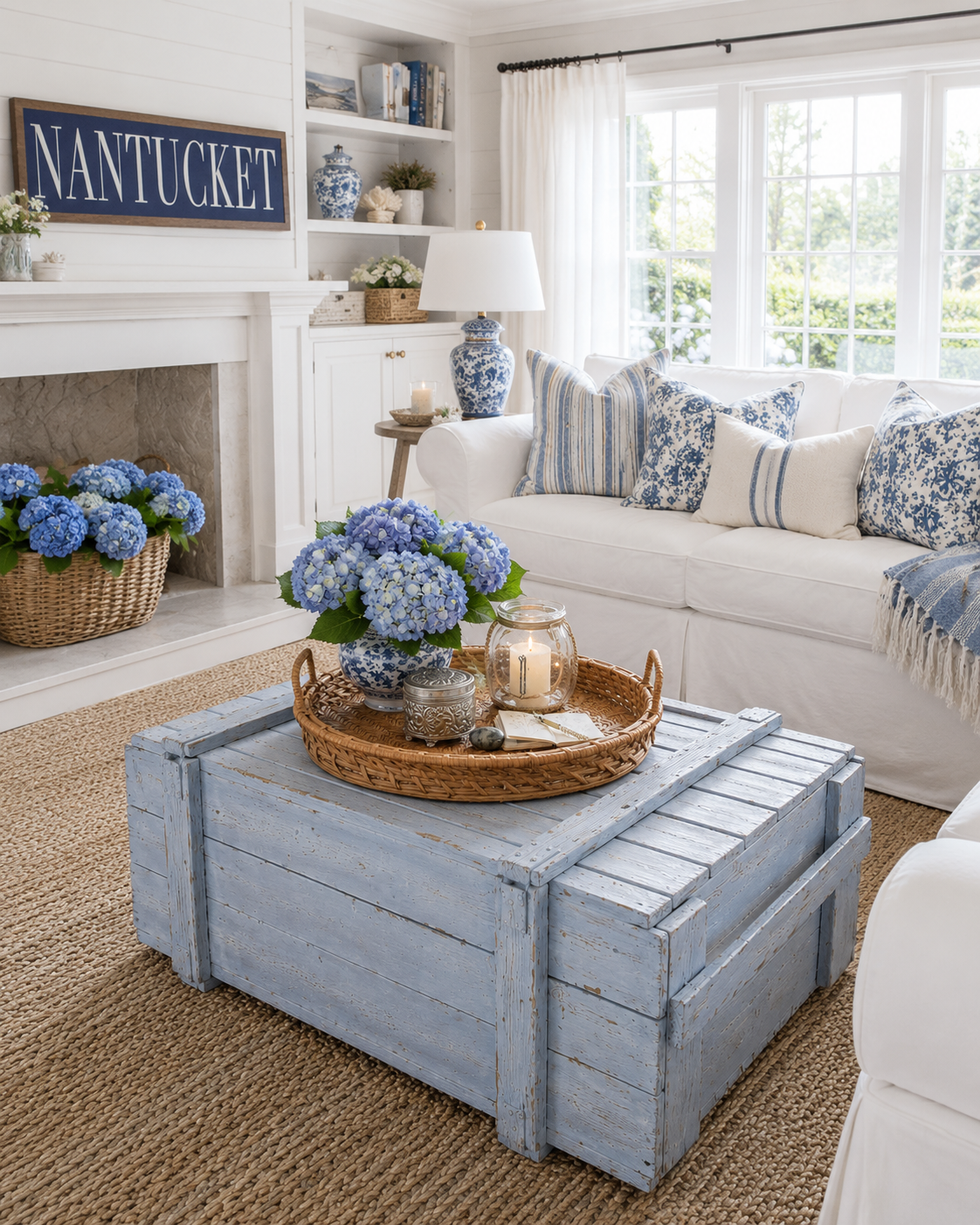 Nantucket cottage living room with a pastel blue vintage military chest coffee table styled with a wicker tray, blue-and-white chinoiserie ginger jar, and blue hydrangeas — with a NANTUCKET sign over the fireplace mantel.