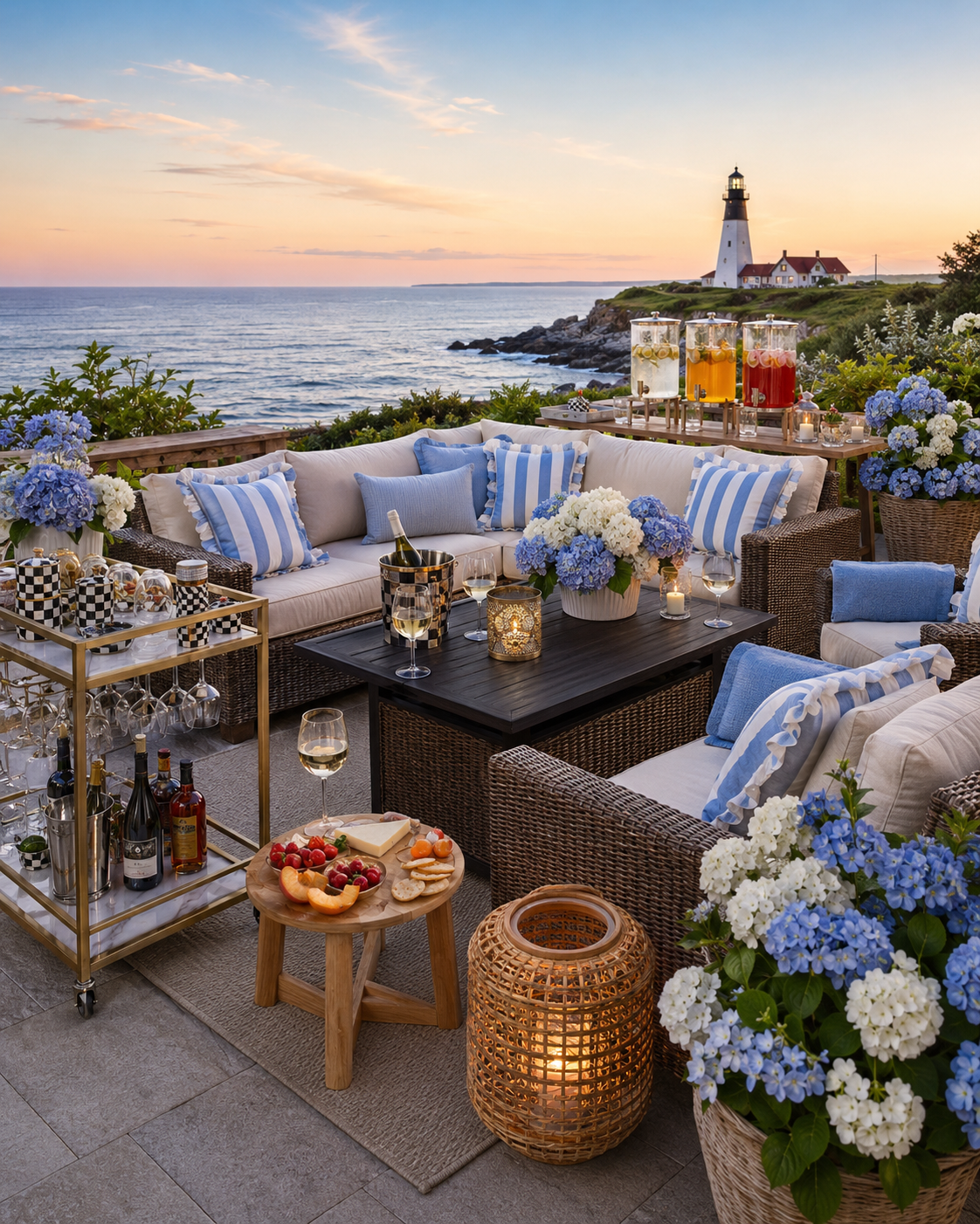 Sunset coastal patio lounge overlooking a lighthouse — brown wicker swivel-glider sectional with rectangular firepit table, hydrangea blue and blue-and-white cabana stripe pillows, a Leteuke gold and marble bar cart with MacKenzie-Childs Courtly Check bar tools, three glass beverage dispensers on a wooden stand, teak solar lanterns, a bamboo folding wine picnic table with cheese and fruit, and baskets of blue and white hydrangeas.