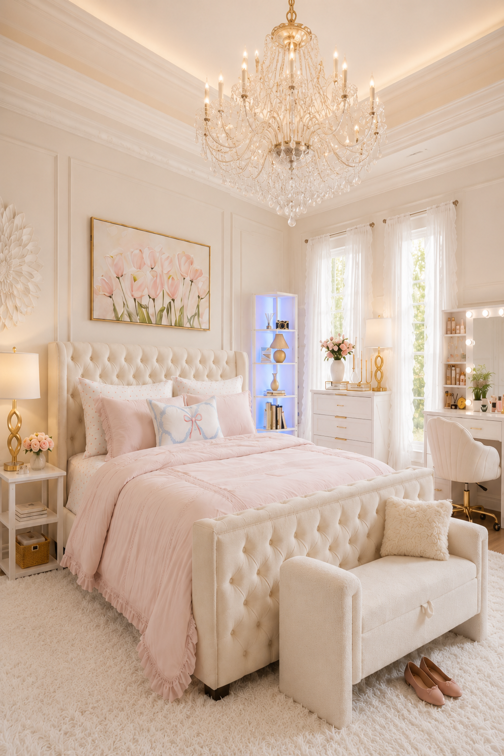 Blush and cream glam bedroom with a cream velvet tufted wingback bed, pink crochet lace duvet, crystal candle chandelier, pink tulip canvas art in a gold frame, ruffled white curtains, white farmhouse dresser with gold handles, faux sheepskin shag rug, bouclé storage bench and a lighted Hollywood makeup vanity with a cream velvet swivel chair.