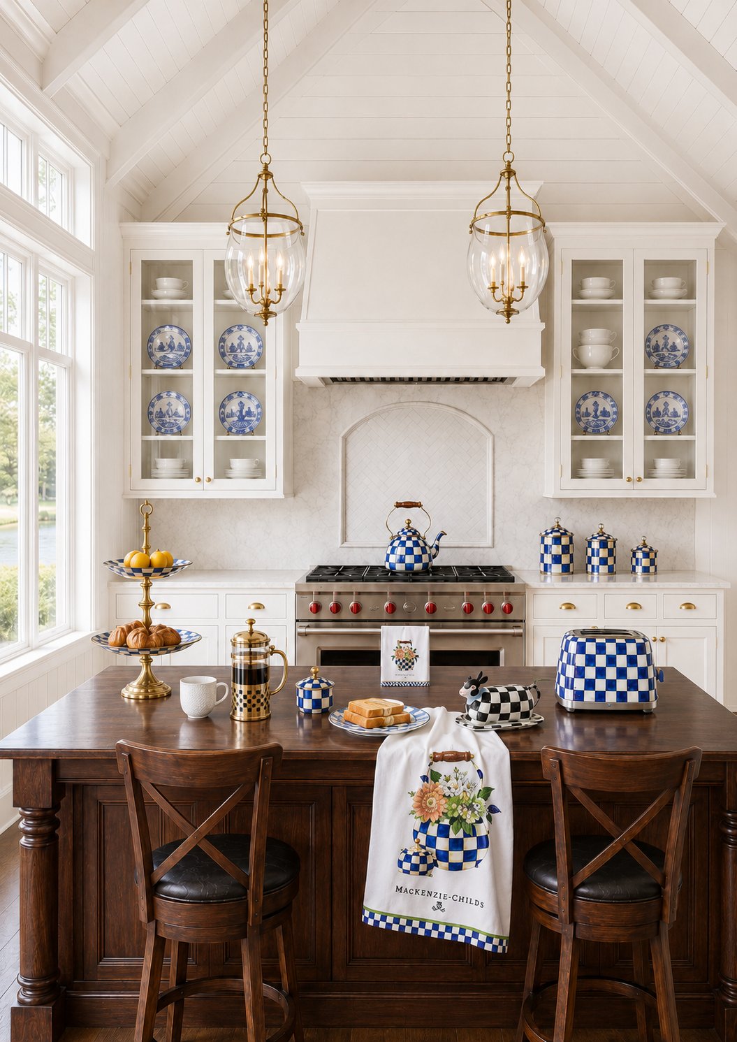 White cottage kitchen with vaulted shiplap ceiling, brass bell jar pendant lanterns over a dark walnut island, glass-front cabinets filled with blue and white transferware plates, MacKenzie-Childs Royal Check tea kettle on the range, Royal Check enamel canisters, Royal Check 2-slice toaster, Courtly Check French press, cow creamery butter dish, brass two-tier cake stand with lemons and croissants, and a MacKenzie-Childs hydrangea tea kettle dish towel on the island.