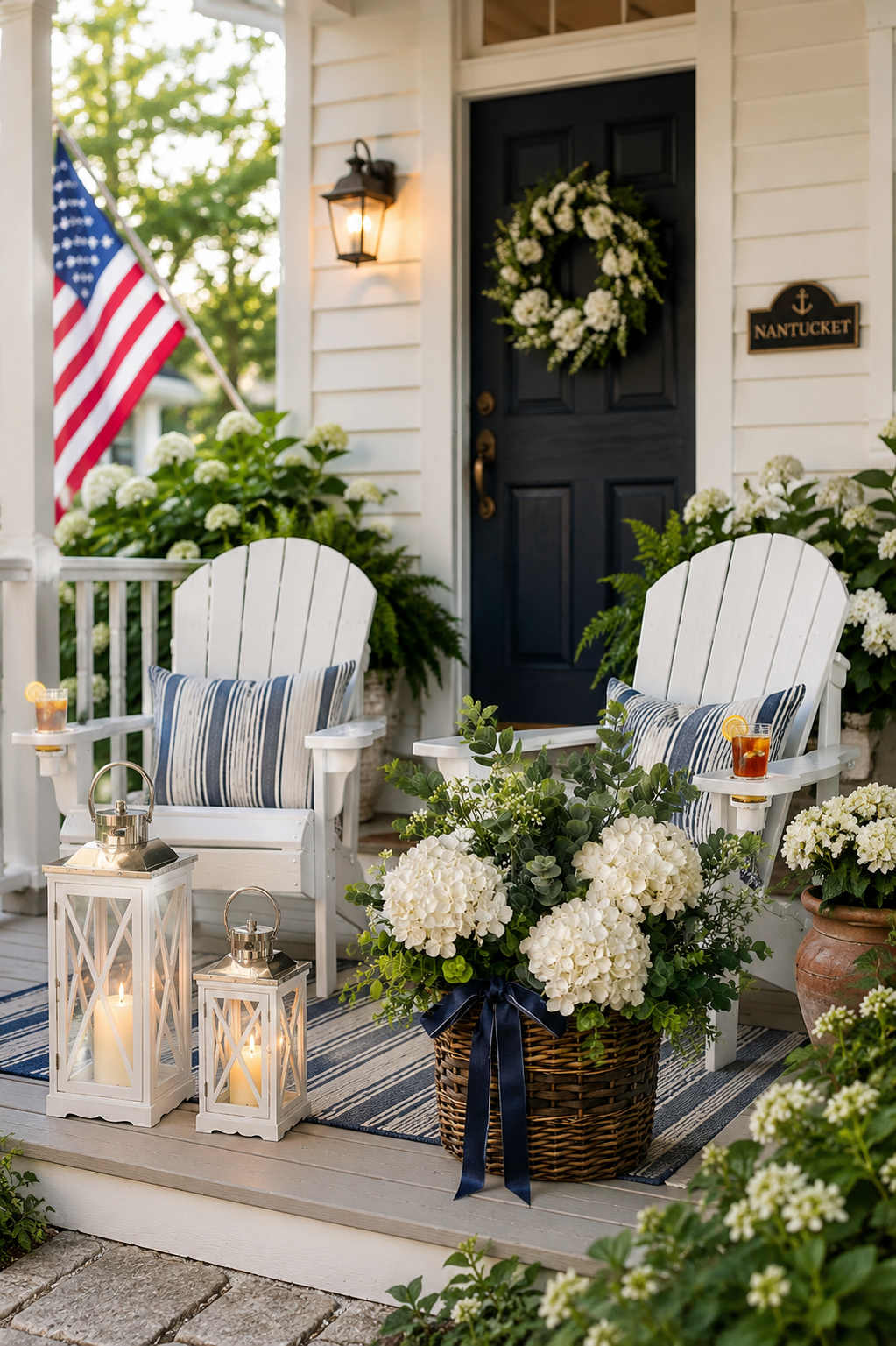 New England summer porch on Nantucket with a pair of white Adirondack chairs, navy striped pillows, a navy and ivory striped outdoor rug, two white farmhouse candle lanterns, a white hydrangea door basket with a navy velvet bow on a navy front door, and an American flag.