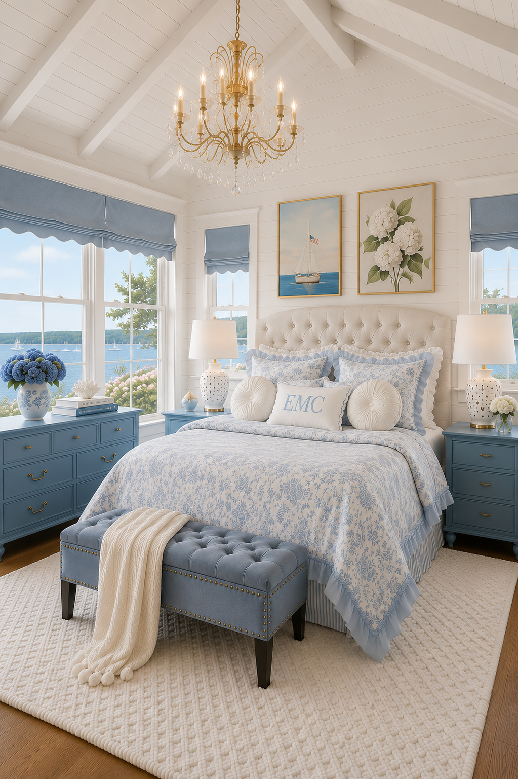 Blue and white coastal bedroom with a cream diamond-tufted headboard, blue floral toile ruffle duvet, light blue farmhouse dressers, gold crystal chandelier, scalloped blue Roman shades, ivory textured wool rug, and harbor views.