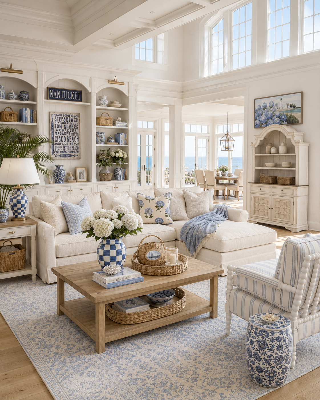 Nantucket blue and white coastal living room with a cream bouclé Cloud modular sectional, hydrangea embroidered throw pillows, weathered gray plank coffee table, MacKenzie-Childs Sterling Check enamel tall vase of white hydrangeas, arched white built-in bookcases with blue and white ginger jars, framed Nantucket beaches canvas sign, Magnolia Manor antique white hutch, NovaSolo Halifax pure white mahogany double hutch, Coaster Blanchett white and navy stripe bobbin accent chair, blue and white pierced chinoiserie garden stool side table, and a pair of MacKenzie-Childs Sterling Check candlestick lamps with ivory bell shades.