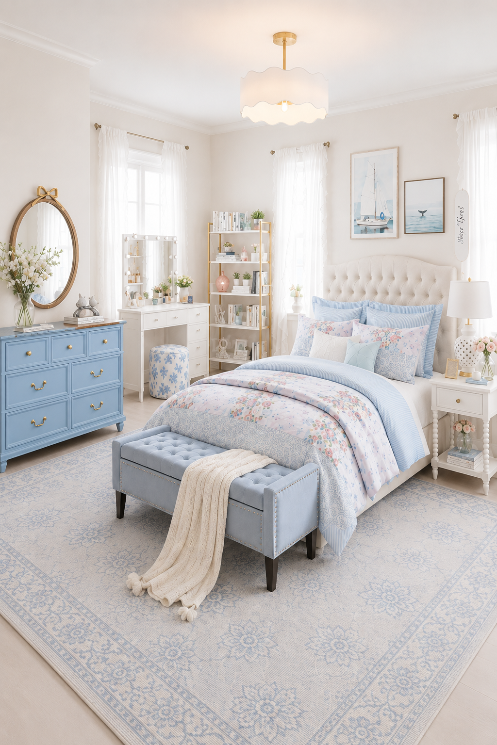 Blue and white coquette bedroom with cream diamond-tufted curved upholstered headboard, blue and white patchwork floral comforter with ticking-stripe shams, light blue velvet tufted storage bench with nailhead trim and cream chunky knit throw, light blue farmhouse 7-drawer dresser with wood top, cream round wall mirror with gold coquette bow topper, white 11-drawer Hollywood-lit makeup vanity desk, white and gold 5-tier open bookcase, white spindle-leg nightstand, white lattice ceramic ginger jar table lamp with gold base, boho caged scalloped fandelier ceiling fan, watercolor sailboat framed print with ivory beaded frame, humpback whale tail framed coastal photography print, Star Girl navy script skateboard wall art, blue and white floral round storage ottomans, Lush Décor Reyna ruffle white sheer curtain panels, and a Safavieh Micro-Loop blue and ivory floral wool rug.