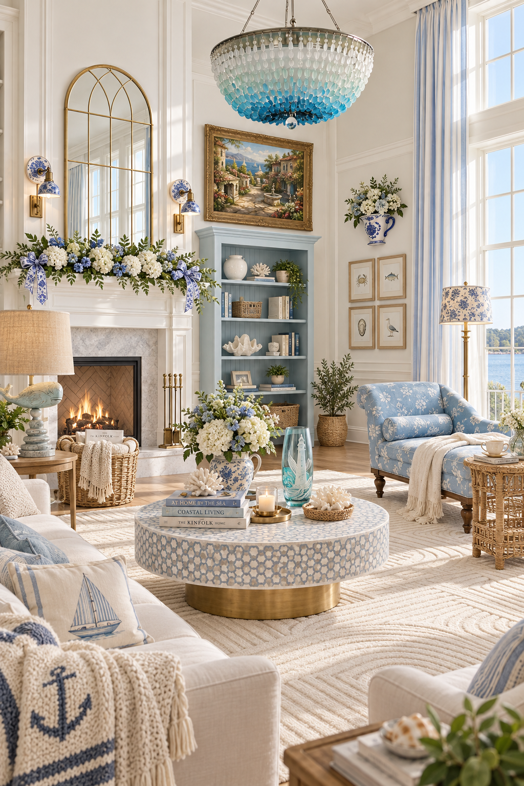 Bright blue and white coastal living room with an ombré sea-glass chandelier, fireplace garland, gold arched mirror, blue beadboard bookcase, floral chaise, round bone-inlay coffee table, whale lamp, nautical pillows and harbor views.