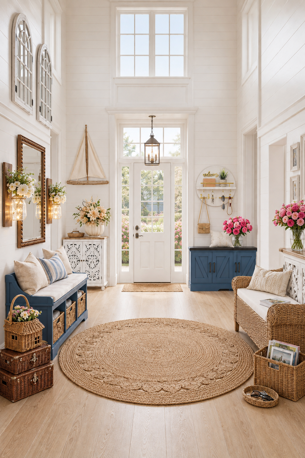 Bright white two-story coastal entryway with white shiplap walls, a round natural jute rug, blue woven-basket storage bench, whitewashed carved-door cabinet, arched windowpane mirrors, driftwood sailboat wall hanging, mason jar sconces, wicker storage boxes and pink peonies.