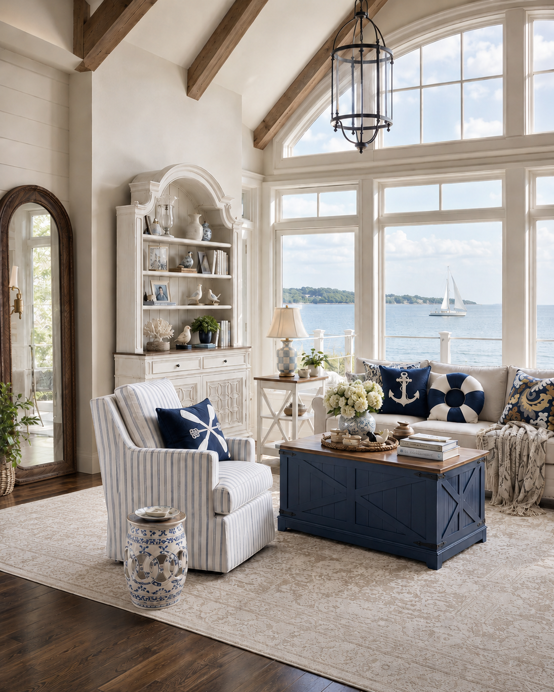 Nautical navy and white coastal living room with cathedral beams, arched harbor-view windows, a navy plank coffee table chest, blue and white ticking stripe chair, chinoiserie garden stool, antique white hutch, ivory distressed floral rug, and anchor and lifebuoy pillows.