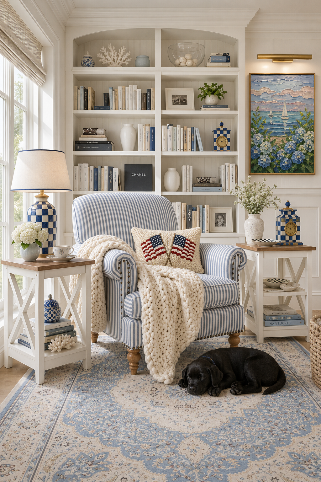 Cozy Nantucket reading nook with a blue and white ticking stripe roll-arm armchair, cream chunky chenille throw, hand-hooked crossed American flags pillow, PHI VILLA ivory farmhouse X-side end tables, MacKenzie-Childs Sterling Check candlestick lamp, MacKenzie-Childs Royal Check mantel clock, NovaSolo Halifax pure white mahogany double hutch styled with blue and white porcelain and books, an original coastal hydrangea and sailboats impasto oil painting, and a vintage French-blue Persian medallion area rug with a sleeping black Labrador puppy.