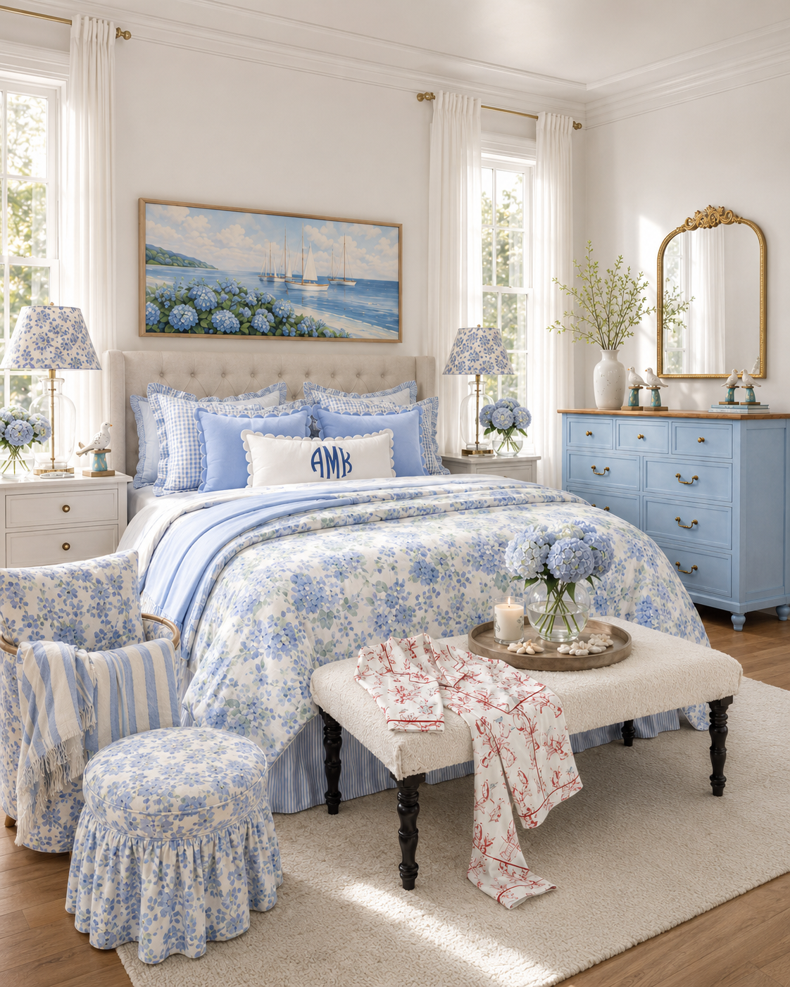 Blue and white coastal bedroom with a cream diamond-tufted headboard, blue hydrangea duvet cover, gingham and blue scalloped pillows, monogram lumbar pillow, ticking stripe bed skirt, floral glass ginger jar lamps, whitewashed wicker nightstand, light blue 7-drawer farmhouse dresser with wood top, gold arched baroque mirror, ivory damask wool rug and an off-white tufted upholstered bench.