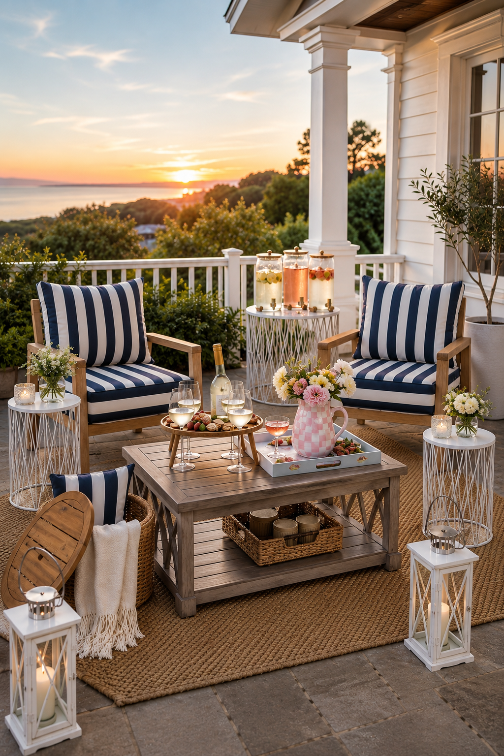 Sunset coastal porch with pair of teak club chairs and navy cabana-stripe cushions, a gray weathered plank outdoor coffee table with wine and a pink Rosy Check pitcher of flowers, three glass beverage dispensers on a wooden stand atop a white lace metal side table, a bamboo folding wine picnic table with wine glasses, white farmhouse candle lanterns, and a natural wicker storage ottoman — overlooking the ocean at golden hour.