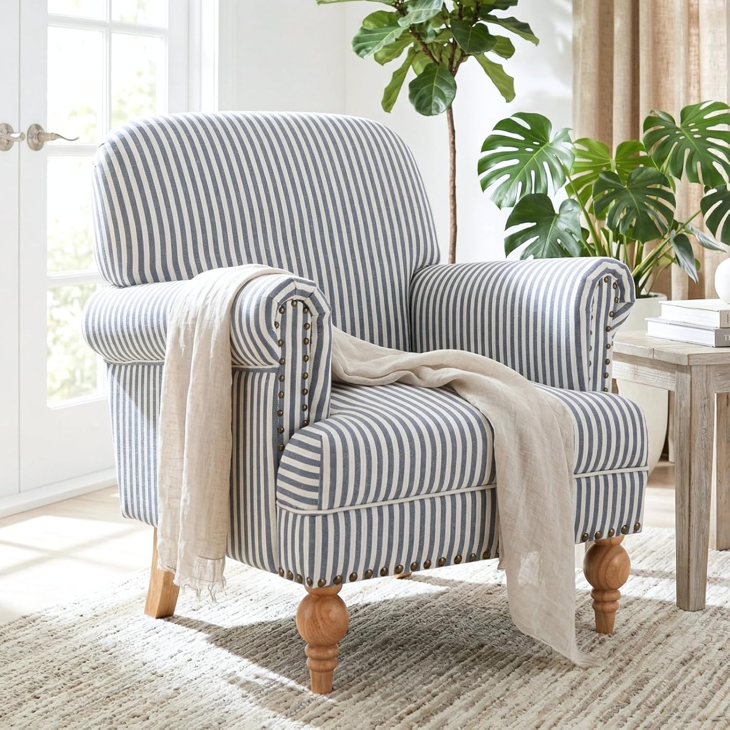 Blue Striped Linen Coastal Accent Chairs (Nailhead Trim)