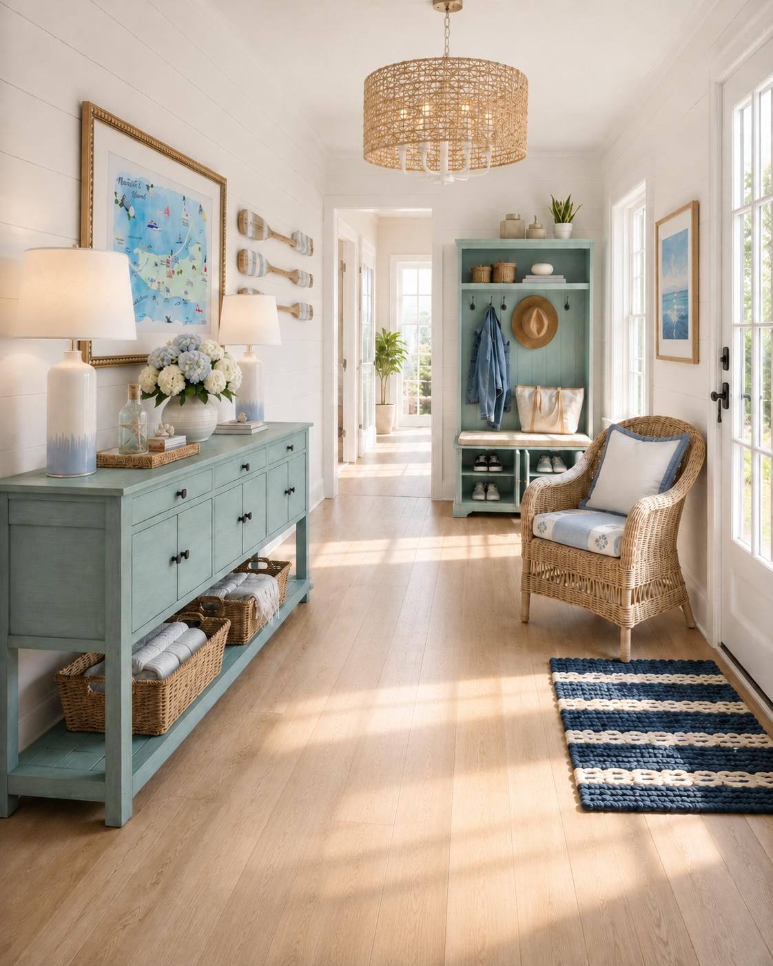 Nantucket coastal entryway hallway with a hand-painted seafoam-aqua solid wood console table, a pair of 26-inch coastal ceramic table lamps with white drum shades, a framed Nantucket Island watercolor map art print and three hand-painted coastal blue oar paddles on white shiplap, a hand-woven scalloped seagrass basket, a distressed seafoam Crosley Holbrook hall tree with shoe storage bench, a natural wicker coastal armchair with blue block-print cushion, an ELYCCUPA 6-light woven seagrass drum chandelier, and a blue and sand striped lobster rope doormat on light oak floors.