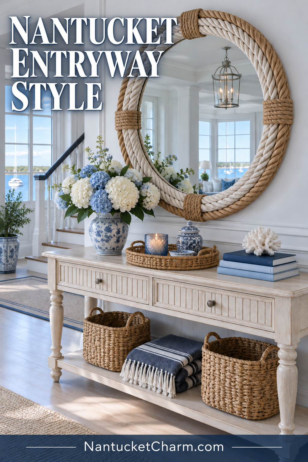 Nantucket entry with a distressed cream SAFAVIEH Samantha console table, oversized ivory and jute rope mirror, blue and white chinoiserie vase of hydrangeas, woven tray, ginger jar, candle, white coral, blue books, matching rattan baskets and navy striped throw.