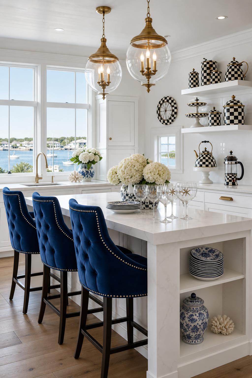Bright white Nantucket kitchen with harbor and sailboat views, brass and glass globe pendants, navy blue tufted velvet counter stools with nailhead trim, white marble island, and open shelves styled with MacKenzie-Childs black and white check enamelware, canisters, tea kettle, cake stand and wall clock.