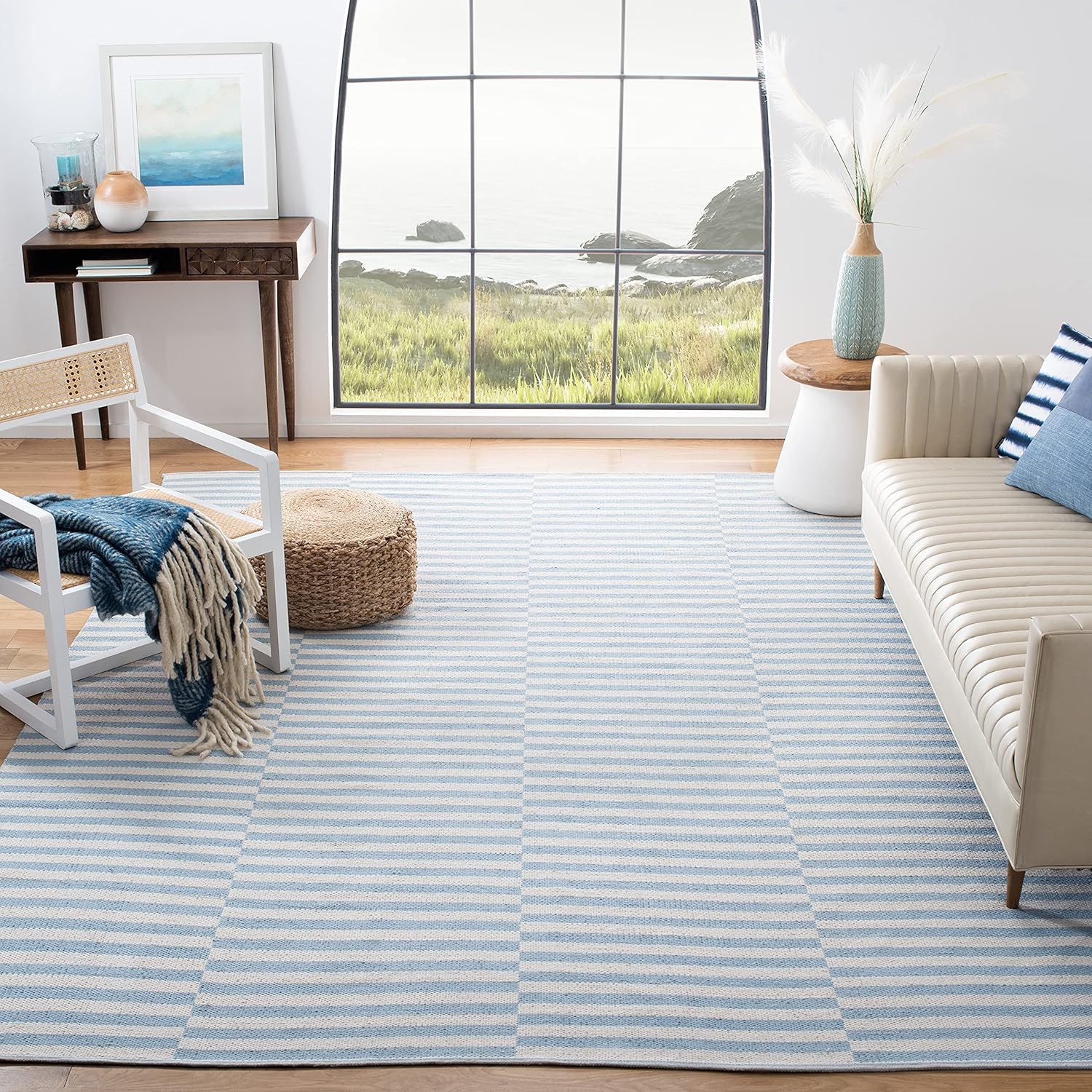 SAFAVIEH Montauk Handmade Stripe Cotton Rug, Ivory & Light Blue (9' x 12')
