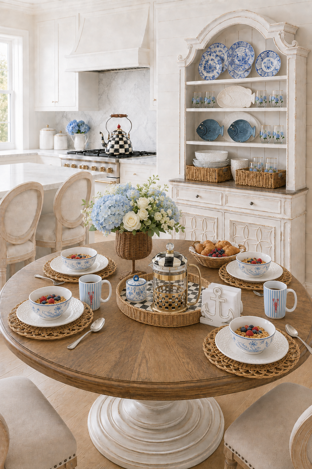 Bright white coastal kitchen with an arched antique white hutch displaying blue and white chinoiserie plates, hydrangea glasses and ceramic fish, a round oak pedestal breakfast table set with rattan placemats, blue toile bowls, striped lobster mugs, a checked French press on a rattan tray and a basket of blue hydrangeas.