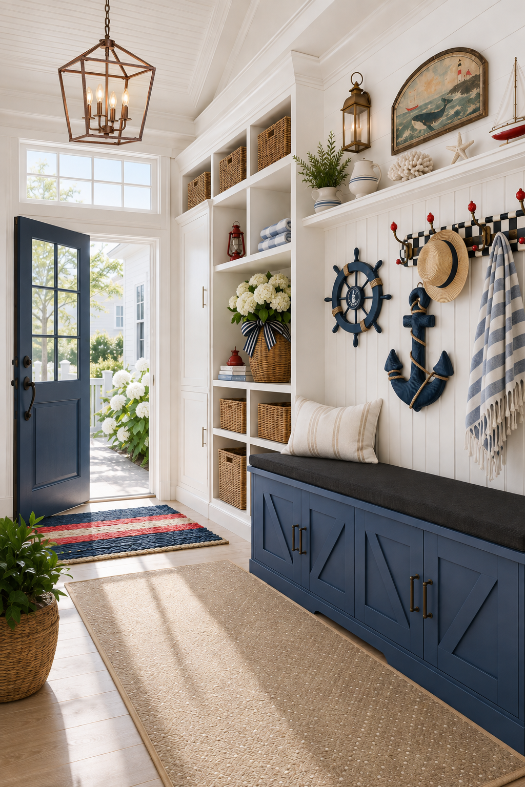 Coastal Nantucket mudroom with a navy Dutch door, copper cage lantern pendant, navy barn-door storage bench, wicker baskets, ship's wheel and rope anchor wall decor, MacKenzie-Childs sky check wall hooks and a striped lobster rope doormat.