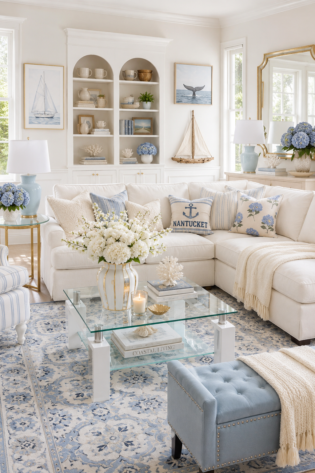 Bright ivory and hydrangea blue coastal glam living room with a cream slipcovered sectional, blue anchor and hydrangea pillows, wall of arched white pantry hutches with gold handles, humpback whale tail framed photography, watercolor sailboat print in ivory beaded frame, oversized ornate gold rectangular wall mirror, pair of light blue ceramic coastal table lamps with white linen shades, white rectangular 2-tier glass coffee table with a white and gold trim ginger jar vase of hydrangeas, Safavieh Blossom blue and ivory medallion wool rug, and a light blue velvet tufted storage bench with silver nailhead trim.