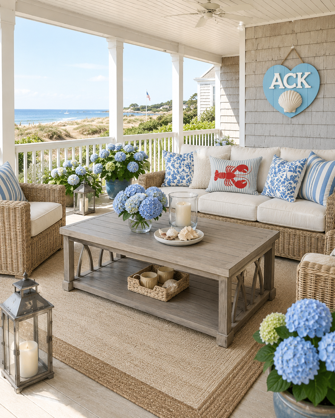 Nantucket coastal porch with a weathered teak coffee table styled with a candle and blue hydrangeas, wicker sofa piled with a red Lobster outdoor pillow, blue-and-cream cabana stripes, and the ACK Scallop Heart Sign hung on the shingle wall.