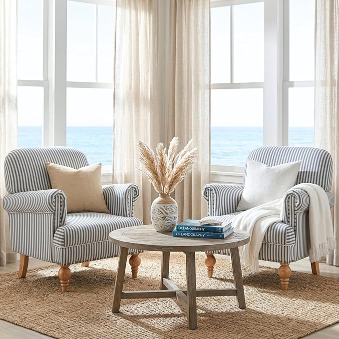 Blue Striped Linen Coastal Accent Chairs with Nailhead Trim (Set of 2)