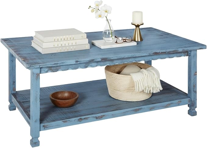 Alaterre Blue Distressed Reclaimed Wood Coffee Table with Lower Shelf